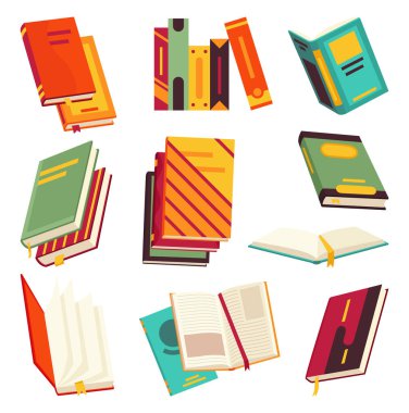 Çeşitli kitap koleksiyonları, kitap yığınları, defterler. Kitap okuyarak, öğrenerek ve kitaplarla eğitim alarak. Biraz daha kitap oku. Elle çizilmiş eğitici vektör çizimi. Düz tasarım biçimi.