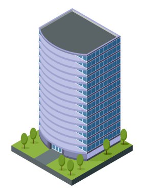 Isometric ofisler ya da iş merkezi simgesi. Şehir binası şehir haritası oluşturma. Mimari vektör 3d illüstrasyon. Bilgi elemanı. Şehir evi kompozisyonu.