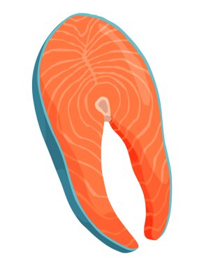 Kırmızı balık somon bifteği. Omega-3 ürünü. Düz vektör çizimi beyaz arkaplanda izole edildi.