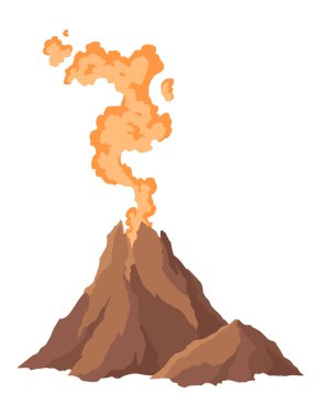 Volkan ikonu. Magma doğası dumanla şişiyor. Uyanmış bir Vulkan aktivite ateşi ve duman elementi. Volkan patlaması. Düz çizgi film vektörü izole çizimi.