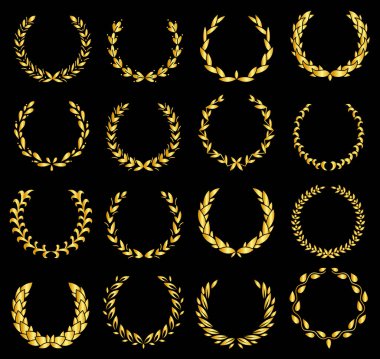 Antika defne çelengi seti. Değişik altın siluet koleksiyonu dairesel tabela ödül başarısını, asaletini, amblemini tasvir ediyor. Laurel çelenk ödülü, kazanmak, ödül ya da zafer.