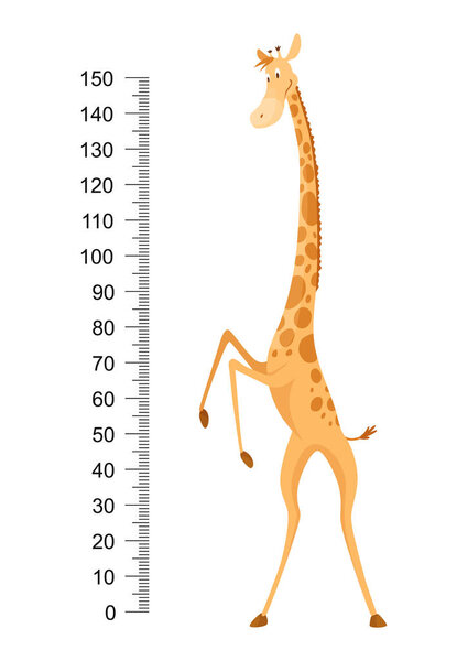 Забавный жираф. Веселый смешной жираф с длинной шеей. Стена жирафа или диаграмма высоты или наклейка на стену. Иллюстрация по шкале от 0 до 150 см для измерения роста.