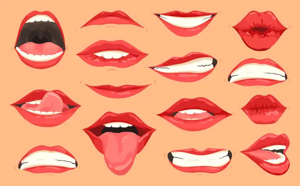 Kırmızı Dudaklı Kadın Koleksiyonu Kadınlar Farklı Duygulara Sahiptir Isırma Gülümseme — Stok Vektör