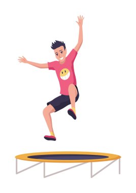 Çocuklar trambolin ikonunda zıplıyorlar. Çocuk aktiviteleri tasarım elemanı. Kapalı ya da açık havada eğlence, fitness atlayışı. Ekipman akrobatik ve jimnastik egzersizleri. Vektör illüstrasyonu.