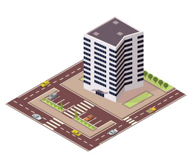 Isometric ofisleri ya da iş merkezleri. Şehir binası şehir haritası sokak ve arabalarla oluşturuluyor. Bilgi elementleri. Yolları olan şehir evi kompozisyonu.