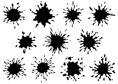 Boya lekeleri. Yaratıcı izole fırça darbeleri ya da lekeler. Mürekkep lekesi soyut şekil lekeleri ayarlandı. Grunge tasarım elementleri. Farklı damlaların koleksiyonu.