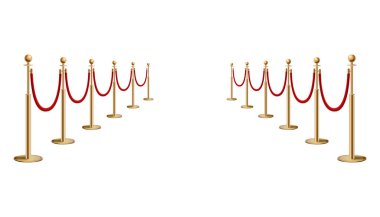 Kırmızı ipli bariyerler. VIP bölgesi, kapalı etkinlik kısıtlaması. Kadife ipli altın direklerin gerçekçi görüntüsü. Beyaz arkaplanda izole.