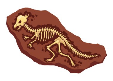 Dinozor fosil iskelet kemikleri, izole arkeoloji kazıları. Yeraltında yatan tarih öncesi sürüngen iskeletleri. Çizgi film paleontolojik tarihi eser.