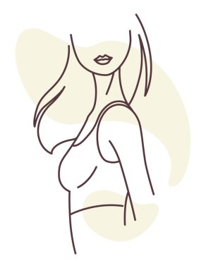 Bir kadın cesedi. Şehvetli bir kadın. Vücut pozitifliği, kendini sevme, kadınlık kavramı. Karakter iç çamaşırı giyer, sutyen. Beyaz arkaplanda doğrusal düz vektör çizimi.