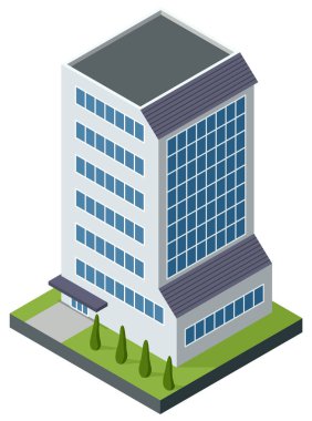 Isometric ofisler ya da iş merkezi simgesi. Şehir binası şehir haritası oluşturma. Mimari vektör 3d illüstrasyon. Bilgi elemanı. Şehir evi kompozisyonu.