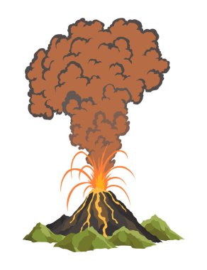 Volkan ikonu. Magma doğası dumanla şişiyor. Uyanmış bir Vulkan aktivite ateşi ve duman elementi. Volkan patlaması. Düz çizgi film vektörü izole çizimi.