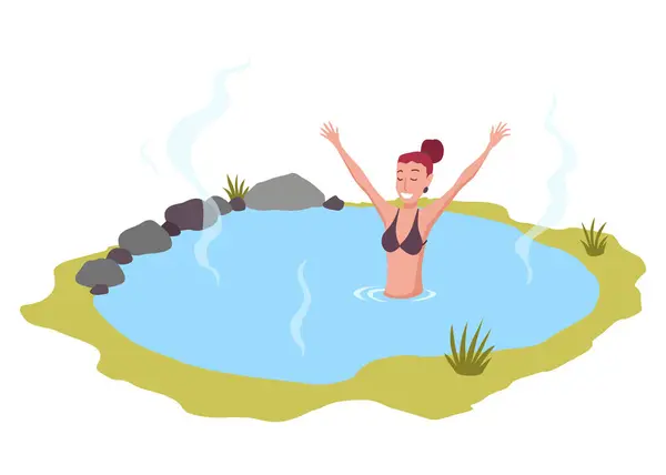 Hot springs pool. People enjoying thermal spa water in winter, flat vector illustration. Mountain onsen, japanese natural hot springs resort. Relax, recreation.