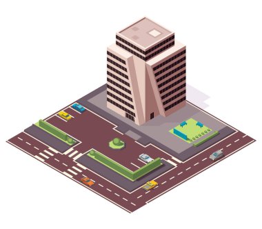 Isometric ofisleri ya da iş merkezleri. Şehir binası şehir haritası sokak ve arabalarla oluşturuluyor. Bilgi elementleri. Yolları olan şehir evi kompozisyonu.