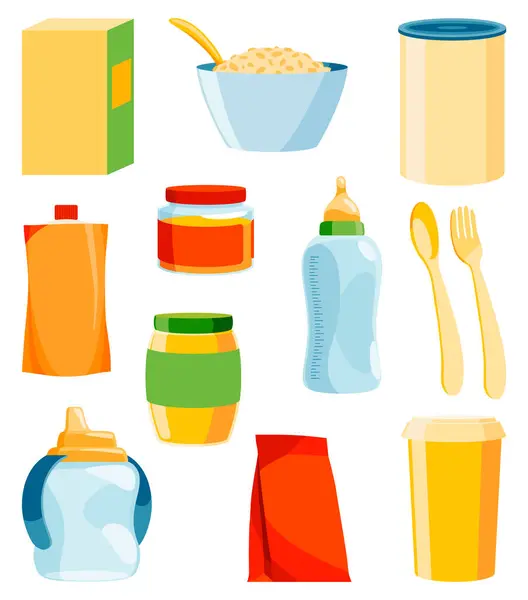 Baby Healthy Food Jars Bottles Boxes Kids Meal Icons Set — Stock Vector