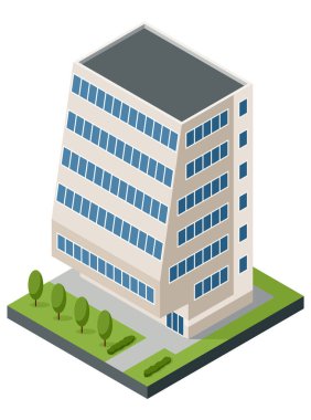 Isometric ofisler ya da iş merkezi simgesi. Şehir binası şehir haritası oluşturma. Mimari vektör 3d illüstrasyon. Bilgi elemanı. Şehir evi kompozisyonu.