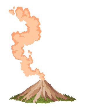 Volkan ikonu. Magma doğası dumanla şişiyor. Uyanmış bir Vulkan aktivite ateşi ve duman elementi. Volkan patlaması. Düz çizgi film vektörü izole çizimi.