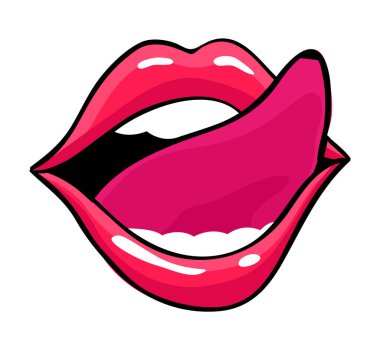 Kırmızı dudaklı kadın. Kadın duygularını ifade etti, güzellik konsepti. Modern pop sanat tarzı, düz vektör tasarımı çizimi.