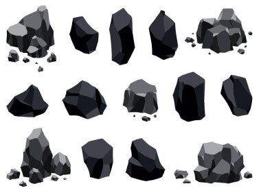 Kömür siyah maden kaynaklarının toplanması. Fosil taşı parçaları. Çokgen şekiller ayarlandı. Grafit veya kömürden siyah kaya taşları. Enerji kaynağı kömür simgeleri.