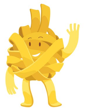 Makarna karakteri. Tatlı İtalyan buğday yiyeceği. Makarna karakter tasarımı. Menü dekoratif elemanı. Vektör yemek illüstrasyonu.