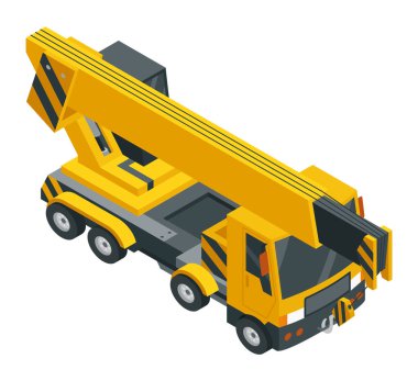 İnşaat makineleri izometrik ikonu, vinç. Ağır taşımacılık. Ağır yol endüstrisini temsil eden sembol. Kariyer ve inşaat nakliyesi. Vektör illüstrasyonu.