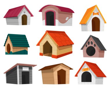 Köpek evi ikonu seti. Çizgi film hayvan aksesuarı. Petshop süpermarket ürünü. Çatısı olan boş bir hayvan evi. Evcil hayvanlar için bir ev. İzole edilmiş düz vektör çizimi.