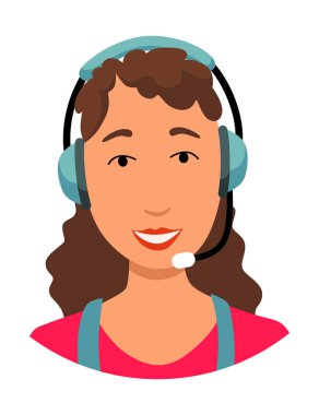 Kulaklıklı çağrı merkezi operatörü Avatar. Çevrimiçi destek servisi asistanı. Bayan müşteri yardım müdürü. Karakterin vektör çizimi.