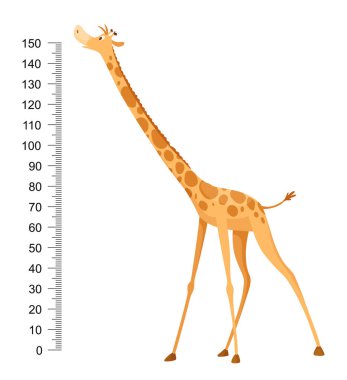 Komik zürafa. Uzun boyunlu neşeli komik zürafa. Zürafa metre duvarı, boy çizelgesi ya da duvar çıkartması. Büyümeyi ölçmek için 0 ile 150 santimetre arasında ölçeklendirme.