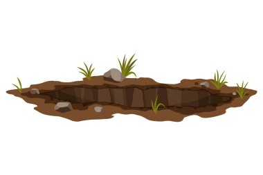 Hole ground. Works digging of sand coal waste rock or gravel. Brown, dry mine element of landscape. Cartoon illustration.