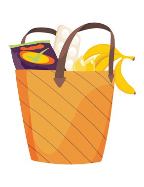 Kağıt alışveriş torbası ürünleri marketi. Farklı yiyecek ve içecek ürünleri, market alışverişi. Market süpermarketi. Taze organik yiyecek ve içecekler. Bakkal teslimatı konsepti.