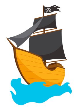 Siyah yelkenli karikatür korsan gemisi çizimi. Şirin vektör simgesi. Korsan gemisi su üzerinde ilerliyor..