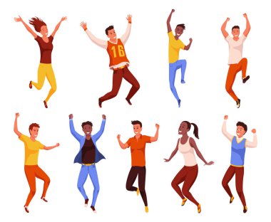 Mutlu zıplayan insanlar seti. Mutlu olumlu genç erkek ve kadınlar. Bir grup gülen genç insan beyaz arka planda el kaldırarak zıplıyorlar..