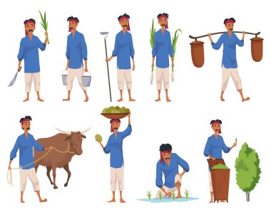 Hintli çiftçi. Hindistan köyü, inek hasadı ya da bangladeşli insanlarla çalışan karakterlere tezahürat yapıyor. Köy kırsal karakter işçisi. Kırsal iş ve köy kavramı. Vektör illüstrasyonu.