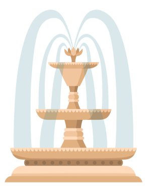 Su fıskiyesi ve su sıçraması. Su damlalarıyla klasik ve modern mimari dekoru. Mimari elementler çizgi film vektörüyle açık hava park dekorasyonu.