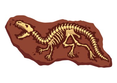 Dinozor fosil iskelet kemikleri, izole arkeoloji kazıları. Yeraltında yatan tarih öncesi sürüngen iskeletleri. Çizgi film paleontolojik tarihi eser.