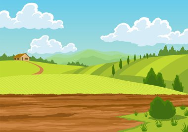 Tarım tarım arazisi. Kırsal bölge. Kırsal alanda tarlayı sürüyorum. Çiftlik hayatı, toprak ekimi. Vektör çizgi film illüstrasyonu.