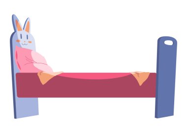 Çocukluk odası tasarım elemanı, yatak. Beyaz arka planda izole edilmiş çizgi film karakteri. Vektör illüstrasyonu.