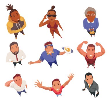 Tepedeki insanlar yukarı bakıyor. Şaşırmış karakterler, yukarıdan bakan, yukarıdan bakan yüzler. Kadın ve erkeğin yukarıdan görünüşü. Çizgi film vektör illüstrasyonu.