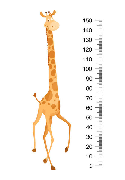 Забавный жираф. Веселый смешной жираф с длинной шеей. Стена жирафа или диаграмма высоты или наклейка на стену. Иллюстрация по шкале от 0 до 150 см для измерения роста.