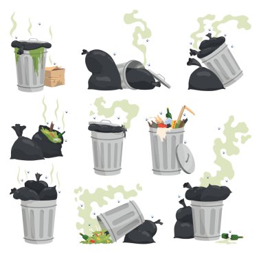 Çöp ya da atık ikonları. Metal ve plastik çöp konteynırları. İğrenç kokan ve çürümeye başlayan çöp torbaları. Ekoloji ve çevre kavramı. Beyaz arkaplanda izole
