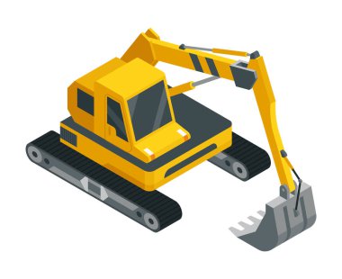 İnşaat makineleri izometrik ikonu, kazıcı. Ağır madencilik ya da yol endüstrisini temsil eden sembol. Kariyer ve inşaat nakliyesi. Vektör illüstrasyonu.