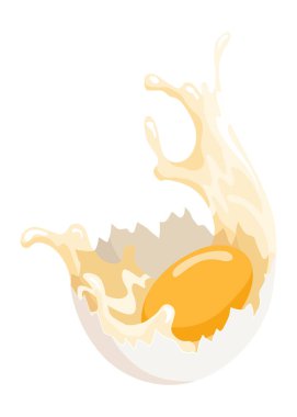 Yumurta sarısı ve yumurta. Pişirme ya da pişirme malzemeleri. Yumurta kabuğu ve protein. Sağlıklı organik yiyecekler. Çiğ ve bozuk ürünlerle beslenme. Vektör çizgi film yiyecekleri.