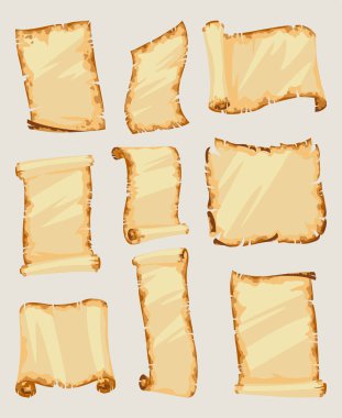 Ortaçağ boş parşömenleri. Antik papirüs haritası, eski İncil ya da ortaçağ mektubu. Beyaz arkaplanda izole edilmiş eski desenli parşömen kağıdı.