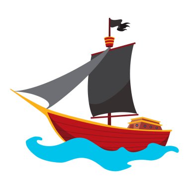 Siyah yelkenli karikatür korsan gemisi çizimi. Şirin vektör simgesi. Korsan gemisi su üzerinde ilerliyor..