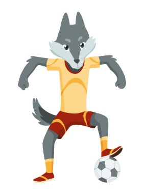 Hayvan futbol oynuyor. Şirin futbol takımı oyuncusu pozisyonu. Spor herkes içindir. Komik vektör karakter çizimi.