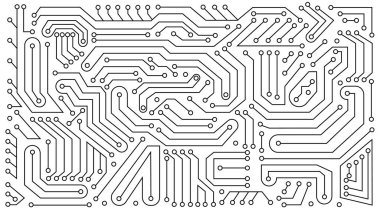 Renkli elektronik pano. Yüksek teknoloji devre kartı vektör arkaplanı. Yapay zeka devre çizgisi tarzı. Akıllı ağ yapay zekası, dijital teknoloji. Fütürist mikroçip işlemcisi.
