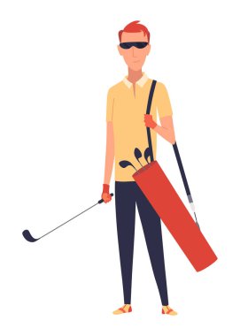 Golf oyuncusu, golf sahasında erkek golfçü. İyi bir atış yapmayı düşünüyorum. Boş zaman sporu, yaz tatilinde çimenlikte oyun. Düz vektör çizimi beyaz arkaplanda izole edildi.