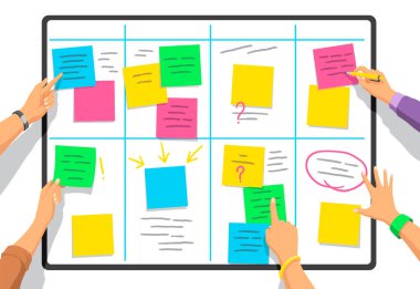 Eller ve çıkartmalar güvertede. Yapışkan notlar. Yapışkan bantlarda gerçekçi hatırlatıcılar. Kağıt üzerine notlar yazmak. Not kağıdı sayfalarının vektör renkli çizimi.