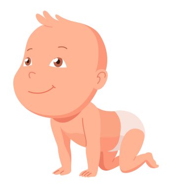 Yeni doğmuş bebek. Yüzünde nazik bir gülümseme olan yeni yürümeye başlayan çocuk. Yeni doğmuş şirin bir bebek. Vektör karikatür çizimi beyaz arkaplanda izole edildi.