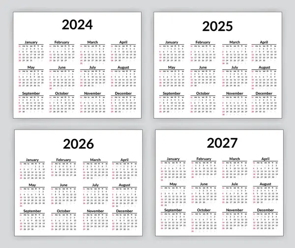 2024, 2025, 2026 ve 2027 takvimi. Hafta pazar günü başlıyor. Basit takvim düzeni. Yıllık günlük. En az 12 aylık kırtasiye şablonu, İngilizce. Cep veya duvar biçimleri.