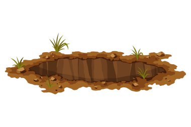 Hole ground. Works digging of sand coal waste rock or gravel. Brown, dry mine element of landscape. Cartoon illustration.